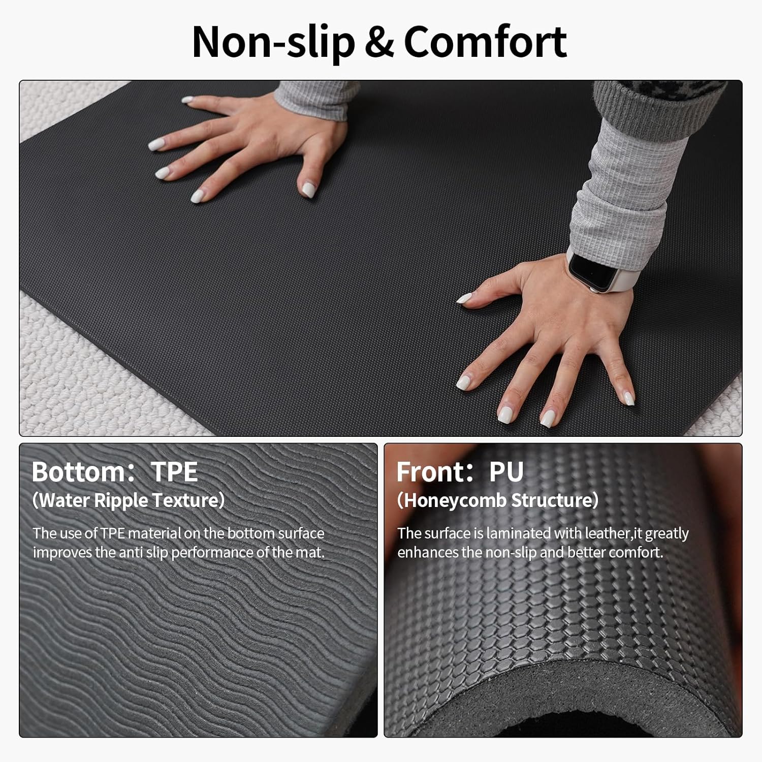 PIDO oga Mat Anti-slip, PU+TPE Upgraded Material, Anti-tear Black Professional Yoga Mat Black