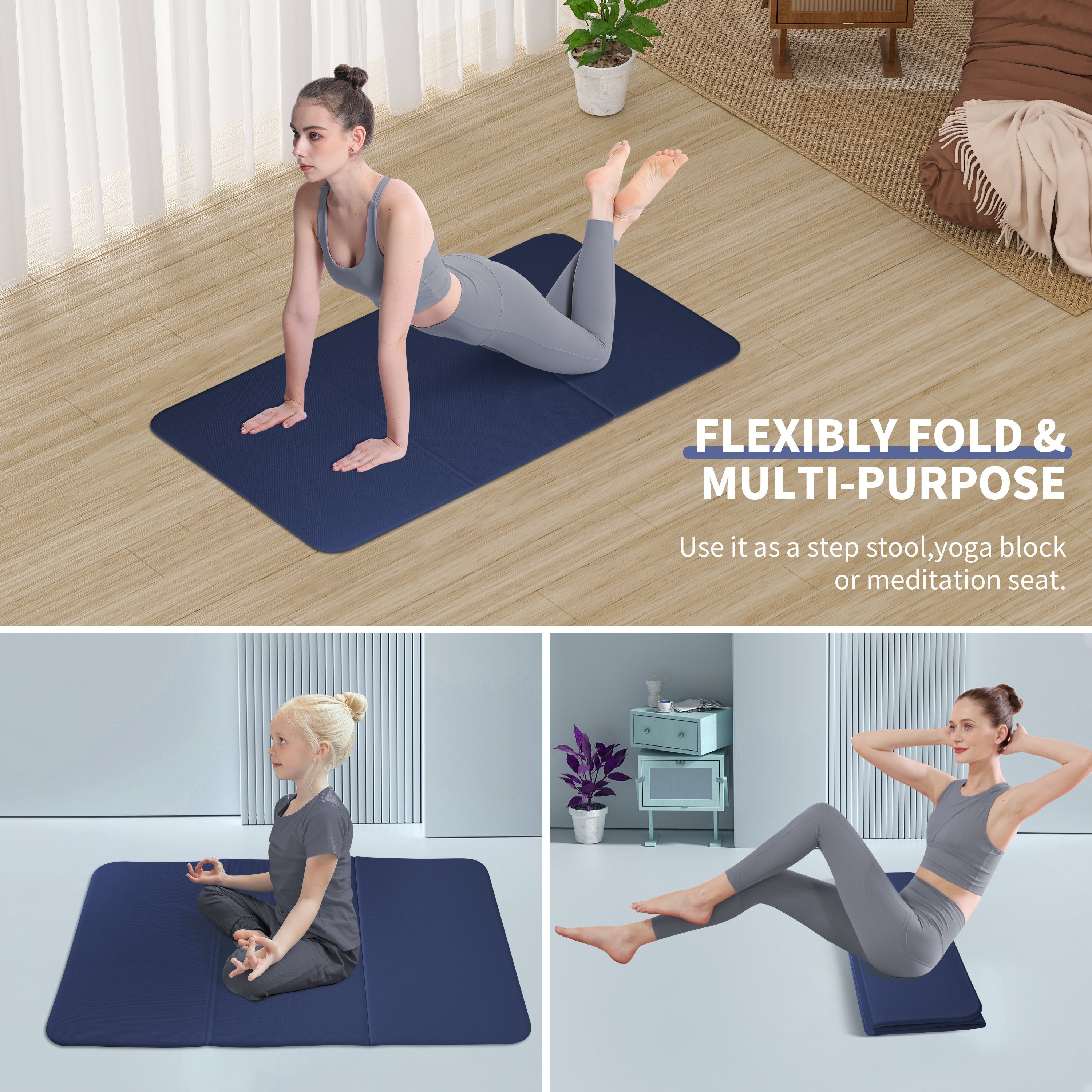 PIDO TPE Thickened Non-slip Outdoor Three-fold Yoga Mat Camping Fitness Portable Mat Navy Blue