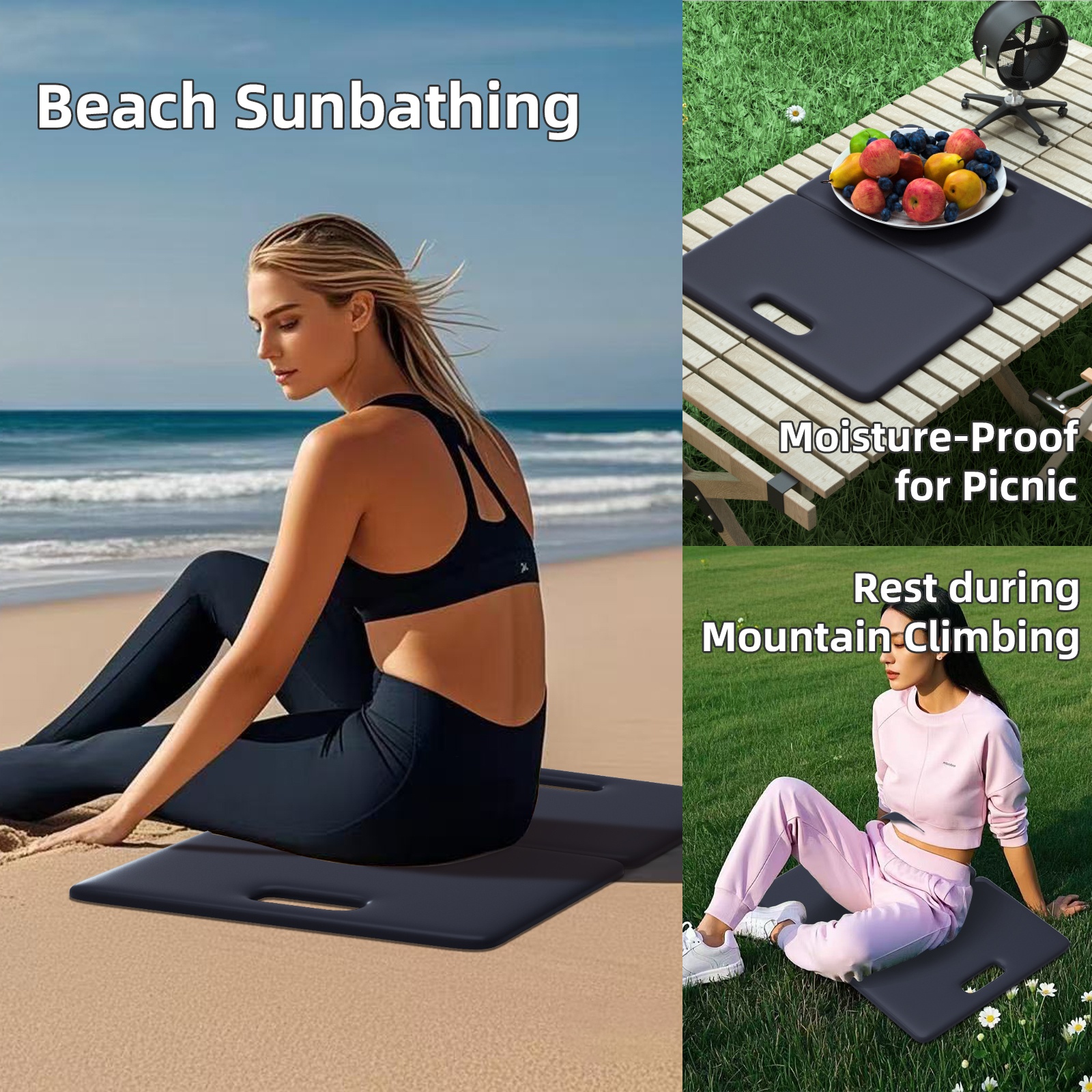 PIDO POE material two folding yoga mat non-slip shock absorption outdoor portable folding mat Navy blue