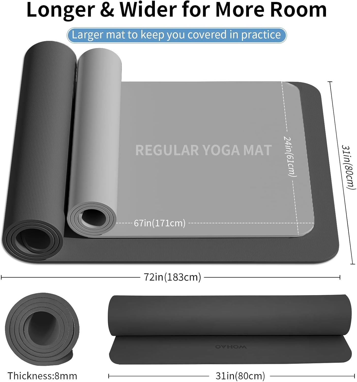 PIDO Non-Slip Yoga Mat,Durable with Carrying Strap for Yoga, Pilates, Home Gym Black