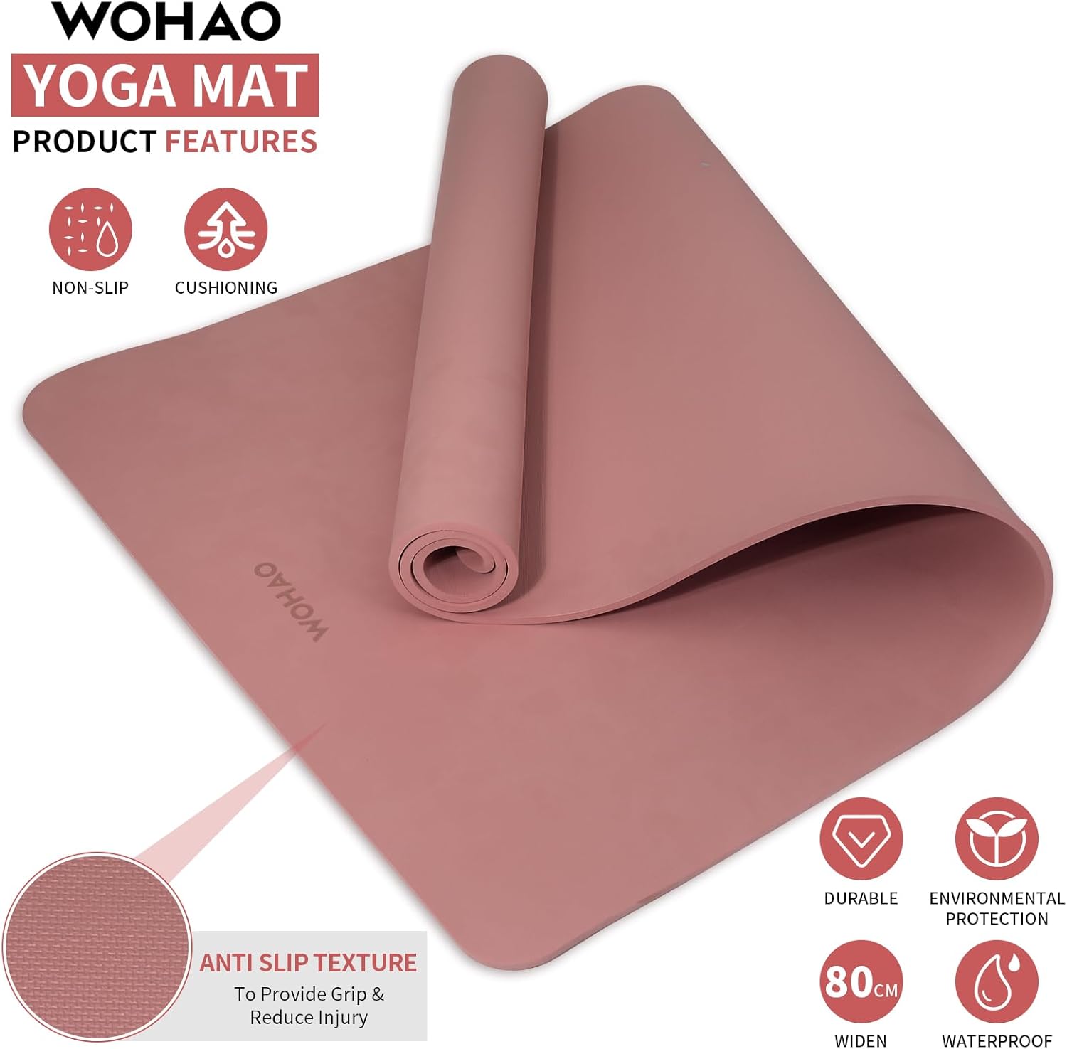 PIDO Non-Slip Yoga Mat,Durable with Carrying Strap for Yoga, Pilates, Home Gym Dark Pink