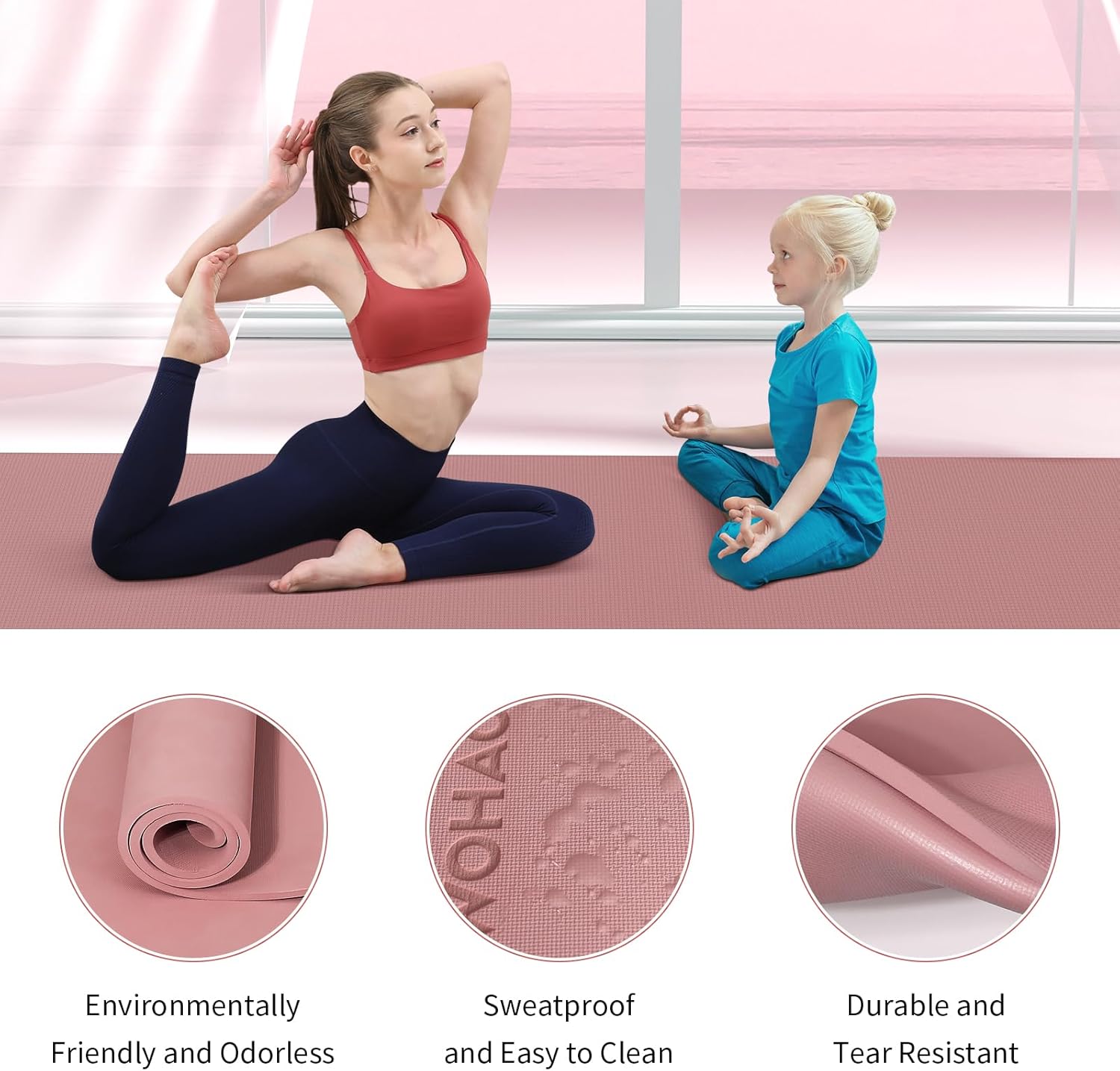 PIDO Non-Slip Yoga Mat,Durable with Carrying Strap for Yoga, Pilates, Home Gym Dark Pink