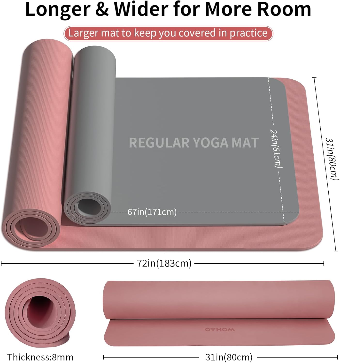 PIDO Non-Slip Yoga Mat,Durable with Carrying Strap for Yoga, Pilates, Home Gym Dark Pink