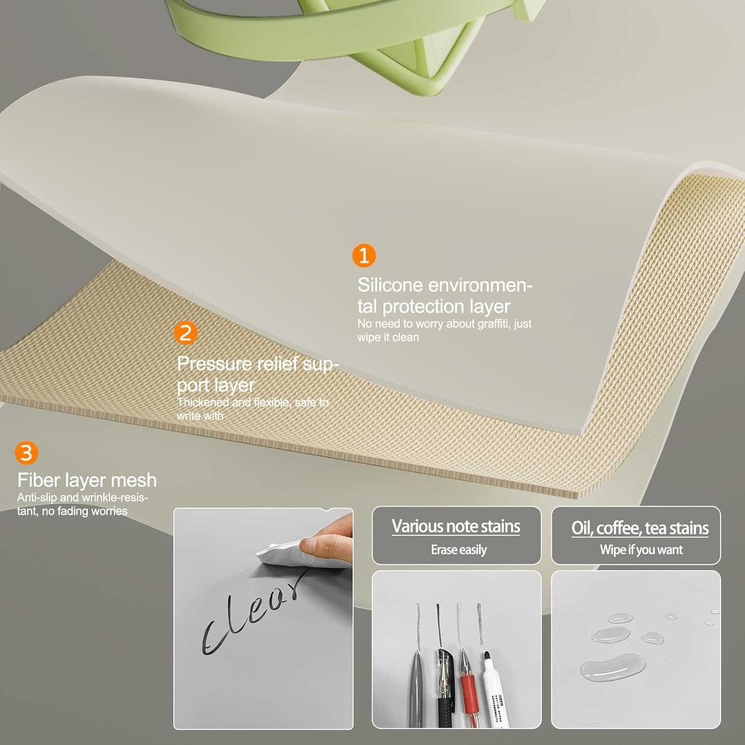 PIDO Reusable Writing Surface Desk Pad, PU with Silicone Coating, Multi-Color Non-Slip Mouse Pad Gray