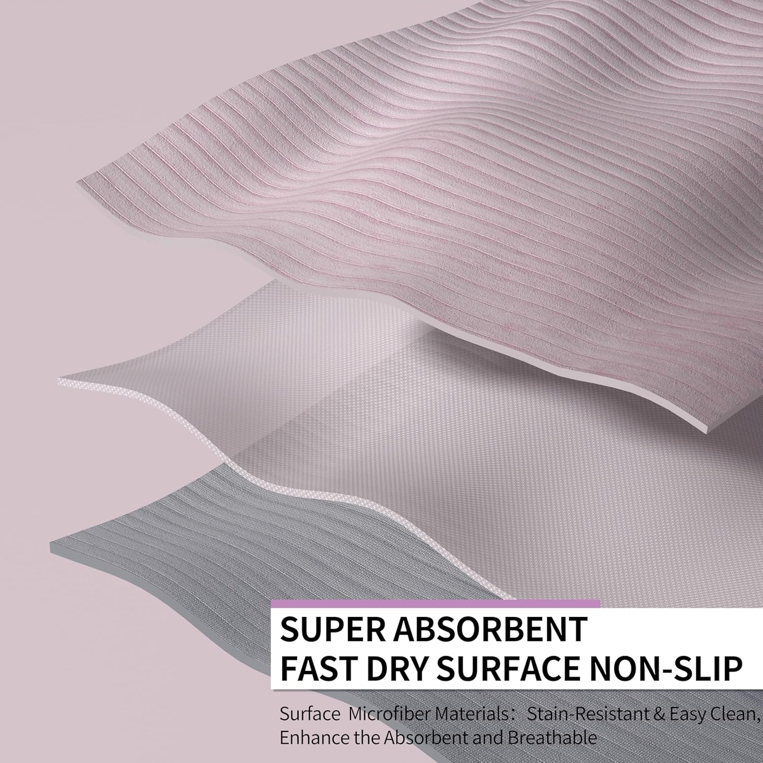 Fitness Mat with Suede Finish, Extra Long and Wide 74 x 26 x 1/3 Thick POE Material, Wavy Texture Non-Slip Design, Reinforced Edges, Includes Carrying Strap Pink