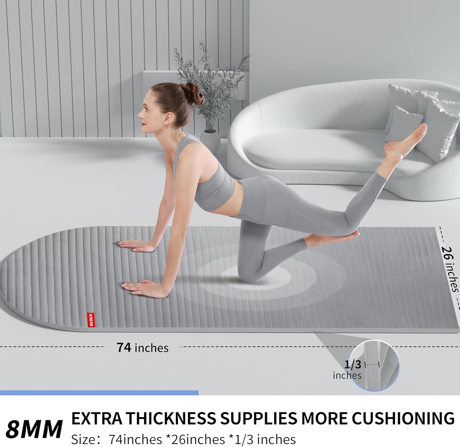 Fitness Mat with Suede Finish, Extra Long and Wide 74 x 26 x 1/3 Thick POE Material, Wavy Texture Non-Slip Design, Reinforced Edges, Includes Carrying Strap Black