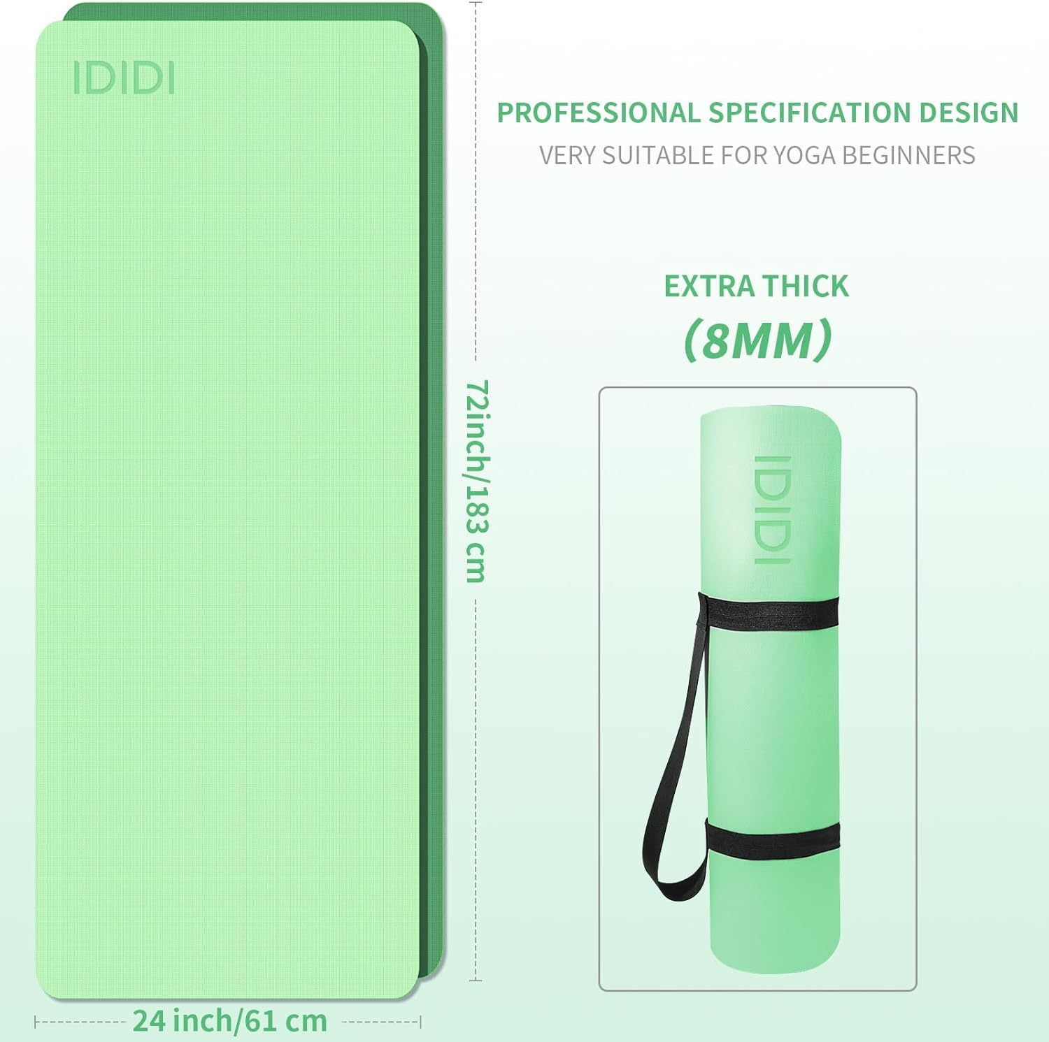 Yoga Mat with Strap,Non-Skid Workout Mat,8mm Thick Yoga Mat,POE Yoga Mats for Women Men Kids,Exercise Mat with Easy-Cinch,72"x24"x0.32” (183x61x0.8cm)  Green Dark Green