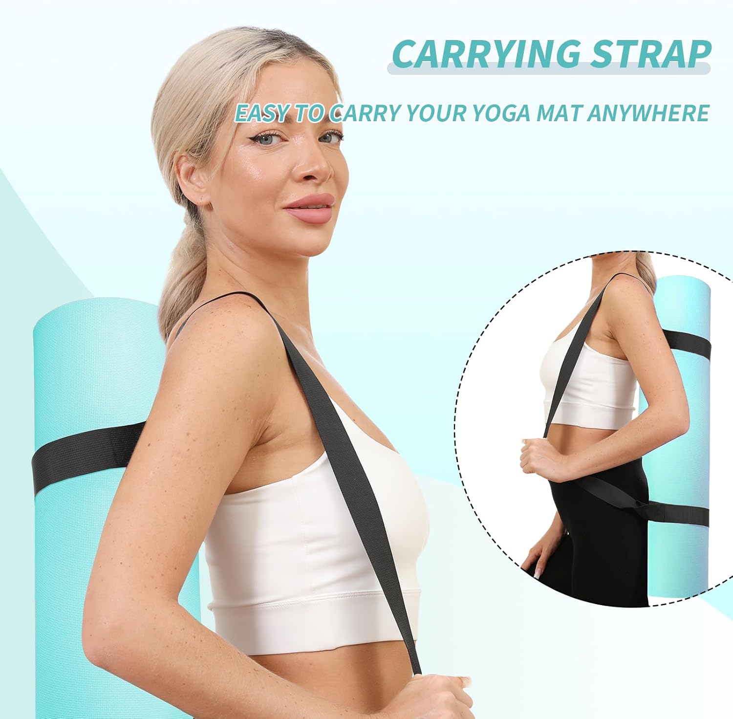 Yoga Mat with Strap,Non-Skid Workout Mat,8mm Thick Yoga Mat,POE Yoga Mats for Women Men Kids,Exercise Mat with Easy-Cinch,72"x24"x0.32” (183x61x0.8cm)  Light Green +Teal