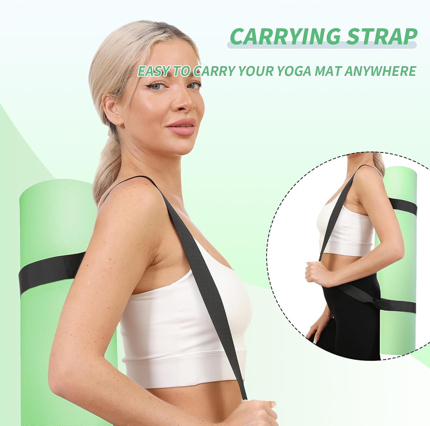 Yoga Mat with Strap,Non-Skid Workout Mat,8mm Thick Yoga Mat,POE Yoga Mats for Women Men Kids,Exercise Mat with Easy-Cinch,72"x24"x0.32” (183x61x0.8cm)  Green Dark Green