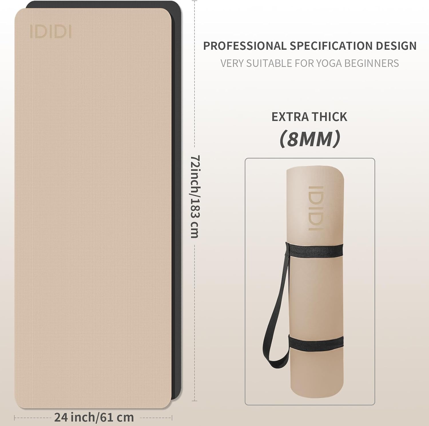 Yoga Mat with Strap,Non-Skid Workout Mat,8mm Thick Yoga Mat,POE Yoga Mats for Women Men Kids,Exercise Mat with Easy-Cinch,72"x24"x0.32” (183x61x0.8cm) Beige+Black