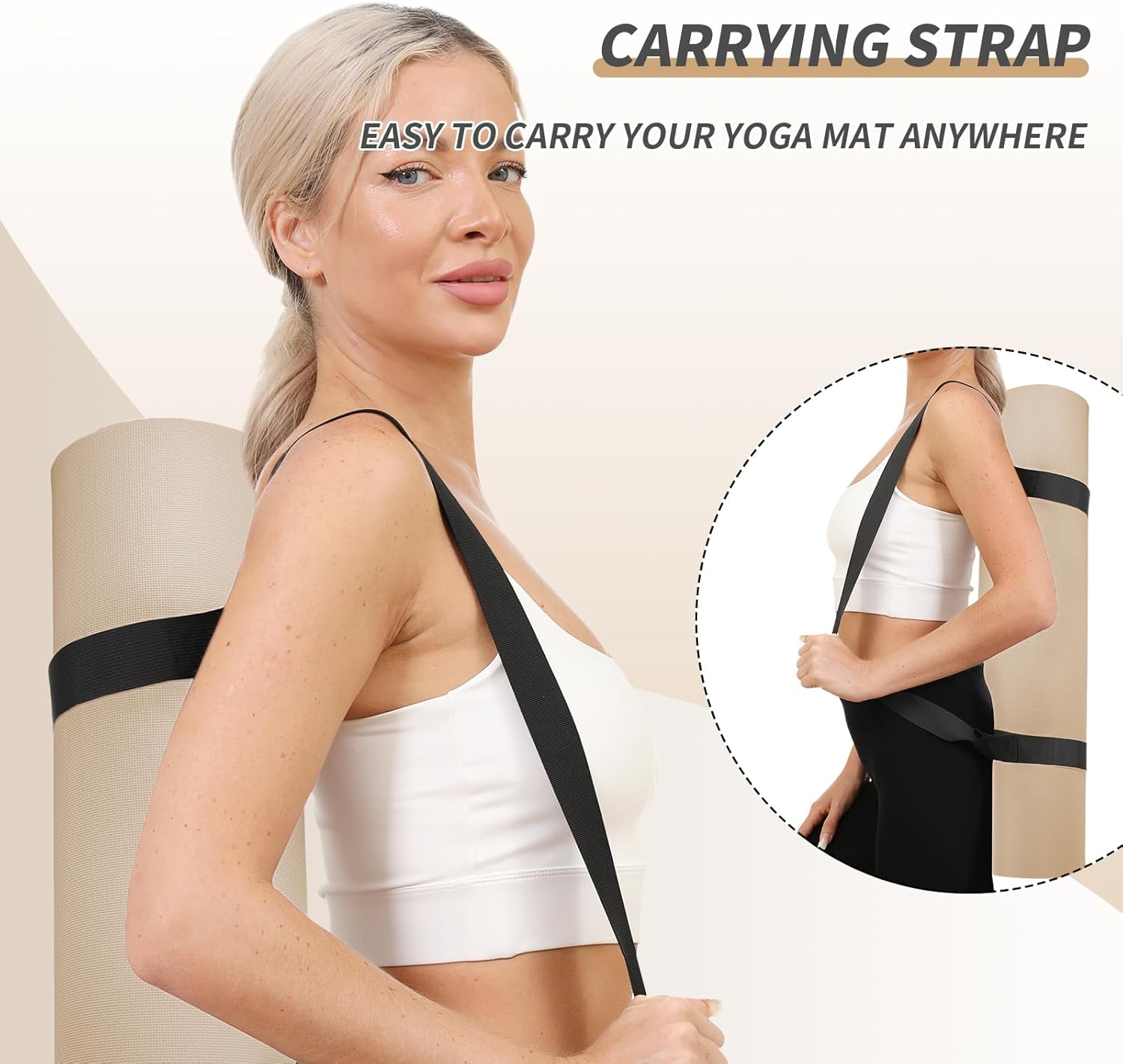Yoga Mat with Strap,Non-Skid Workout Mat,8mm Thick Yoga Mat,POE Yoga Mats for Women Men Kids,Exercise Mat with Easy-Cinch,72"x24"x0.32” (183x61x0.8cm) Beige+Black