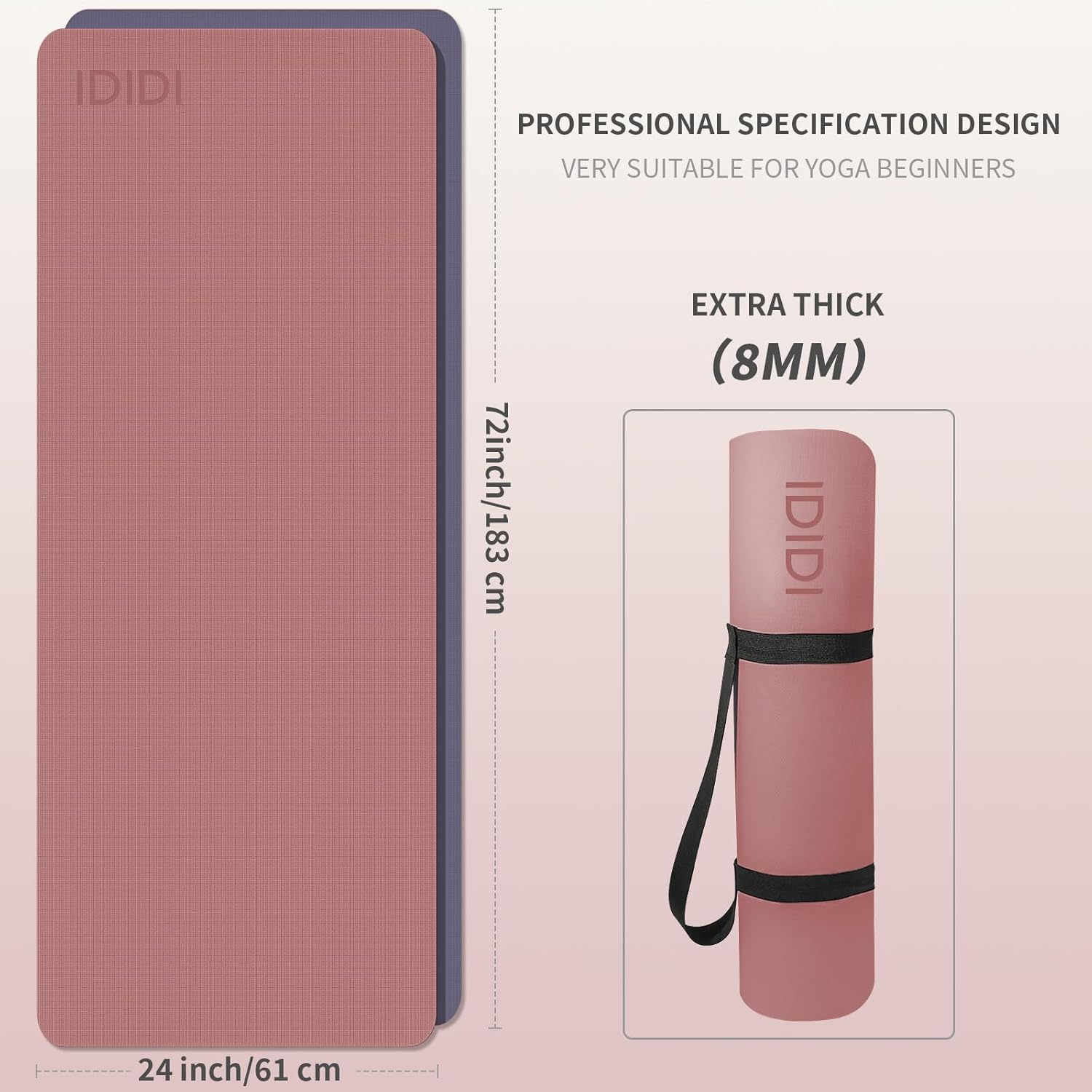 Yoga Mat with Strap,Non-Skid Workout Mat,8mm Thick Yoga Mat,POE Yoga Mats for Women Men Kids,Exercise Mat with Easy-Cinch,72"x24"x0.32” (183x61x0.8cm)  Deep Pink+ Gray