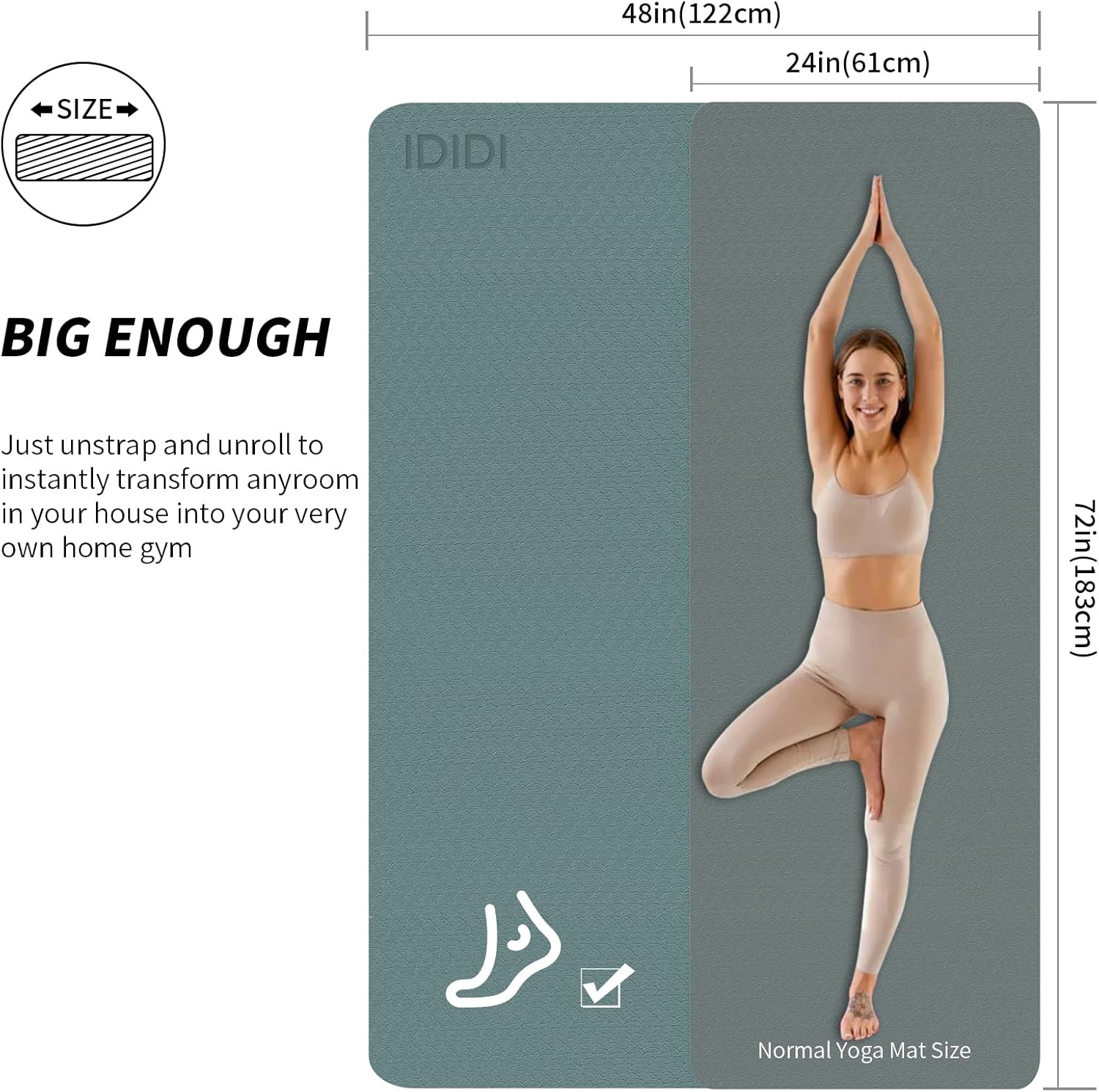 Yoga Mat with Strap,Non-Skid Workout Mat,8mm Thick Yoga Mat,POE Yoga Mats for Women Men Kids,Exercise Mat with Easy-Cinch,72"x24"x0.32” (183x61x0.8cm)   Deep Green +Gray