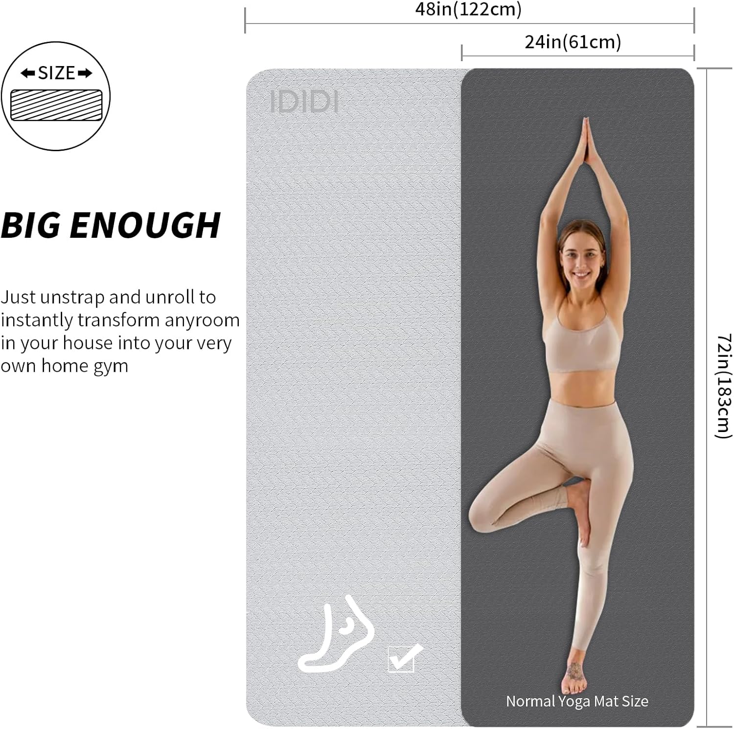 Yoga Mat with Strap,Non-Skid Workout Mat,8mm Thick Yoga Mat,POE Yoga Mats for Women Men Kids,Exercise Mat with Easy-Cinch,72"x24"x0.32” (183x61x0.8cm)   Gray+Black