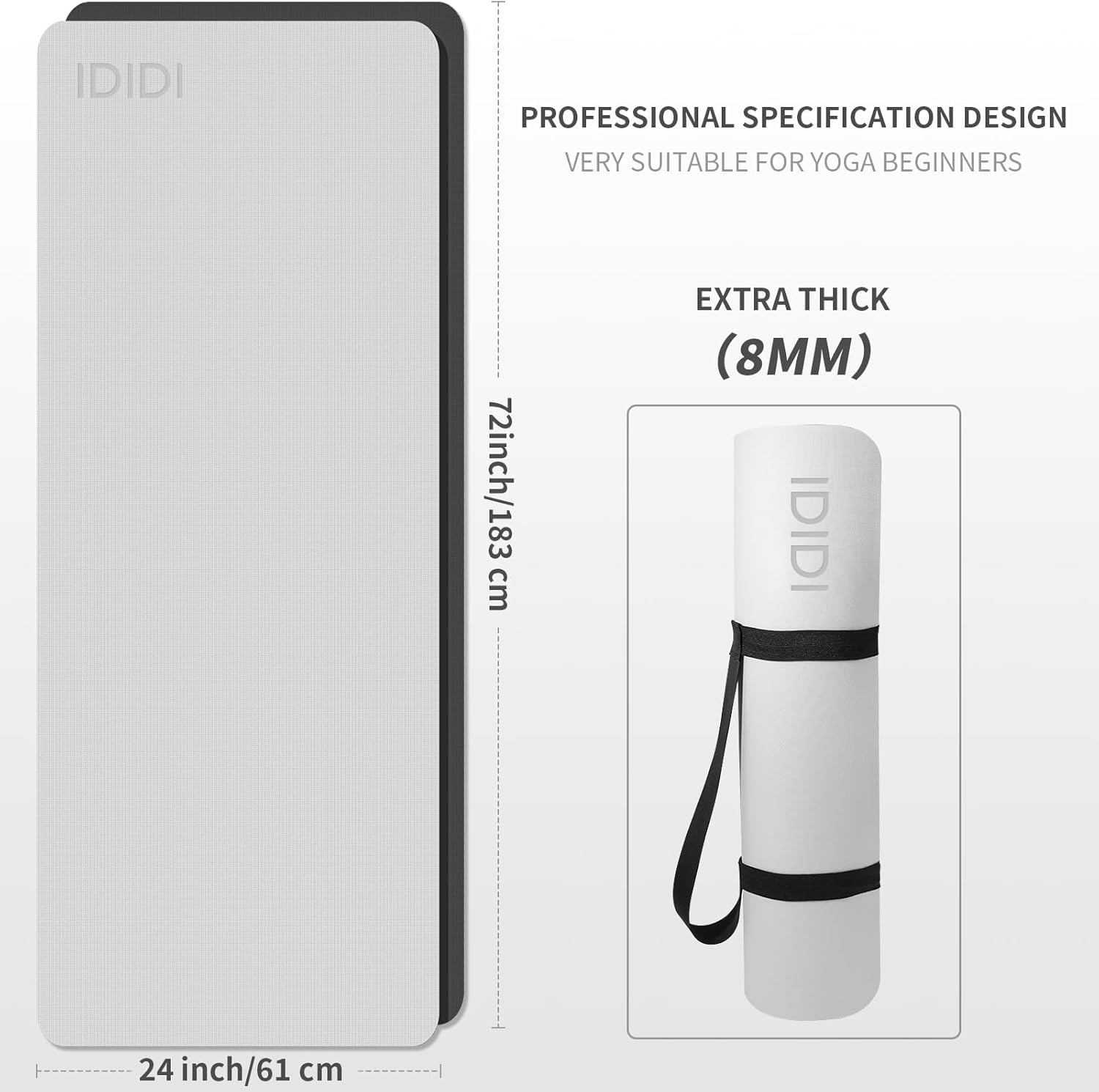 Yoga Mat with Strap,Non-Skid Workout Mat,8mm Thick Yoga Mat,POE Yoga Mats for Women Men Kids,Exercise Mat with Easy-Cinch,72"x24"x0.32” (183x61x0.8cm)   Gray+Black