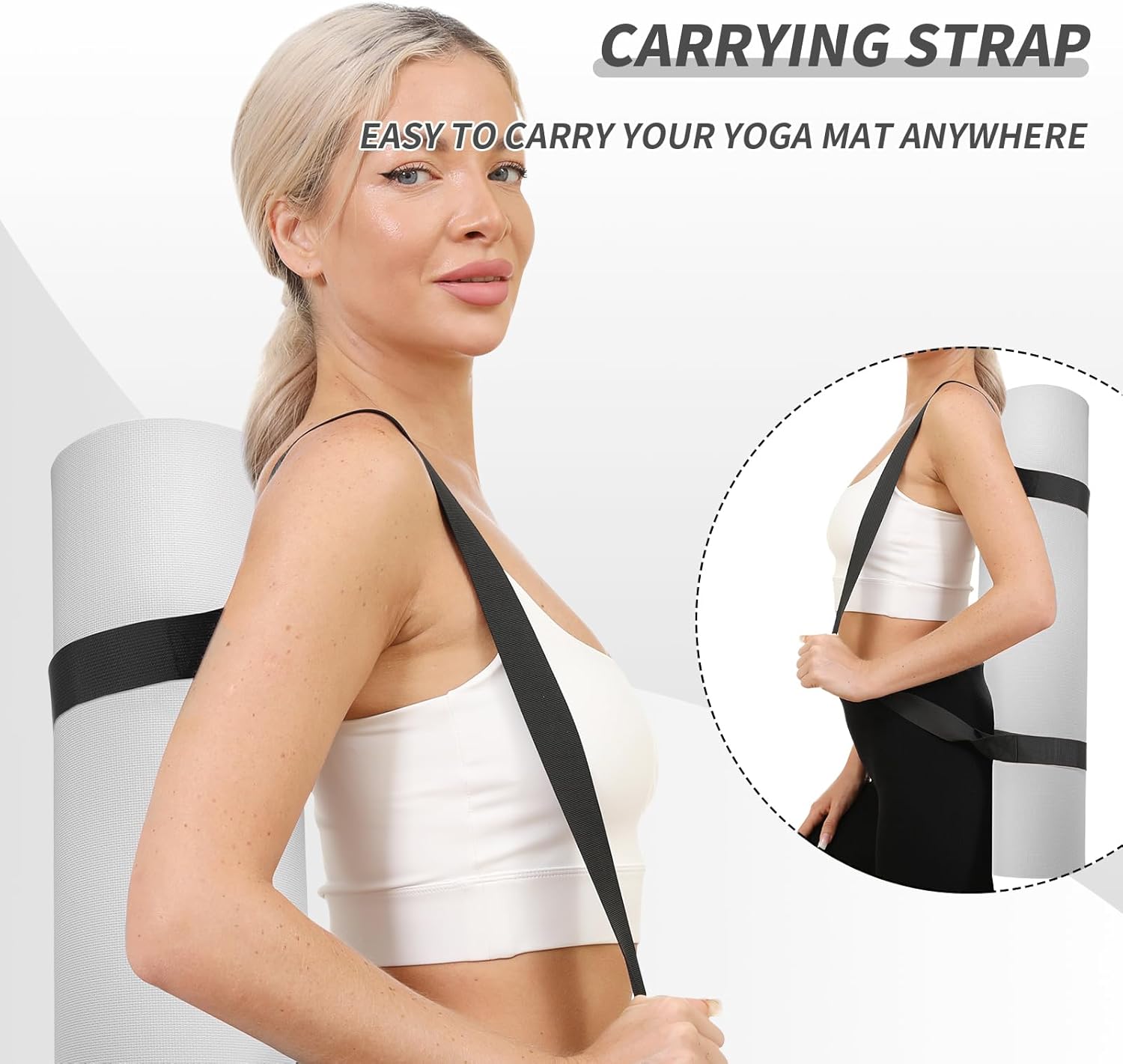 Yoga Mat with Strap,Non-Skid Workout Mat,8mm Thick Yoga Mat,POE Yoga Mats for Women Men Kids,Exercise Mat with Easy-Cinch,72"x24"x0.32” (183x61x0.8cm)   Gray+Black