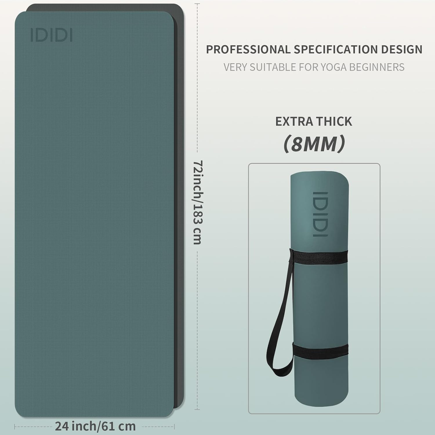 Yoga Mat with Strap,Non-Skid Workout Mat,8mm Thick Yoga Mat,POE Yoga Mats for Women Men Kids,Exercise Mat with Easy-Cinch,72"x24"x0.32” (183x61x0.8cm)  Deep Green+ Gray