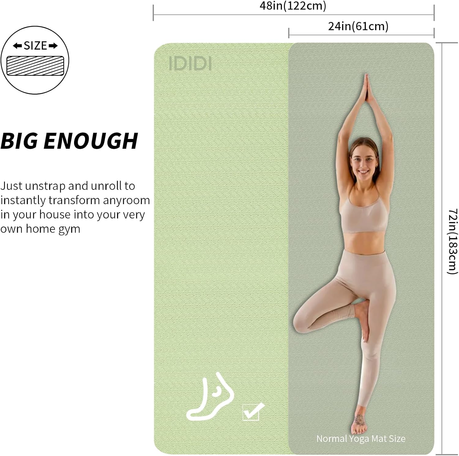 Yoga Mat with Strap,Non-Skid Workout Mat,8mm Thick Yoga Mat,POE Yoga Mats for Women Men Kids,Exercise Mat with Easy-Cinch,72"x24"x0.32” (183x61x0.8cm)   Green+Black