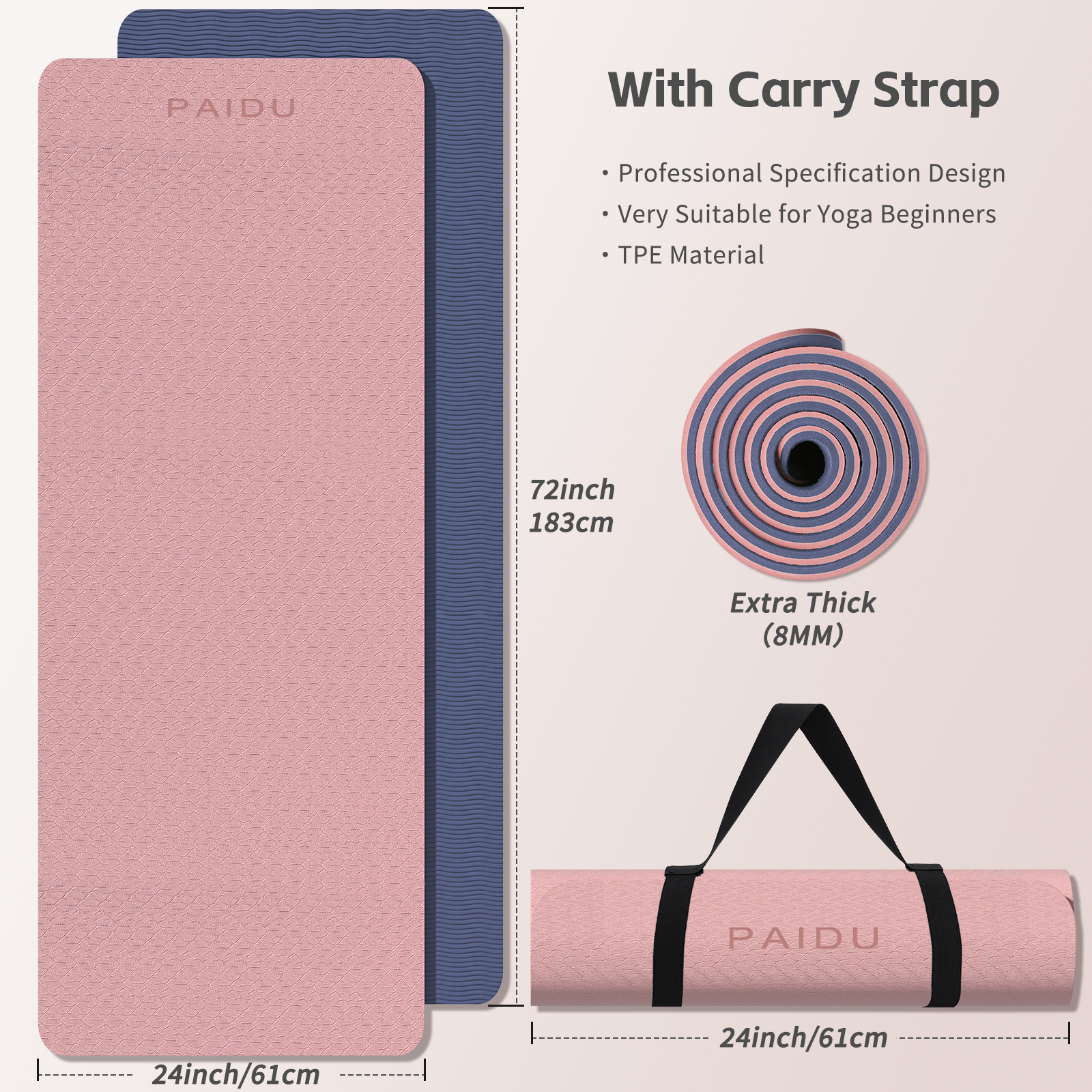 Yoga Mat 8mm Super Thick TPE Fitness Mat | SGS Certified | Non-Slip, Odorless & Tear-Resistant | Unisex with Strap | for Yoga, Pilates, Meditation & Home Workouts Visit the PAIDU Store